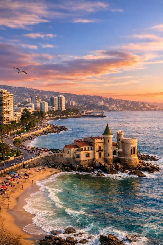 Viña del Mar coastline at sunset — Wulff Castle and the Pacific Ocean