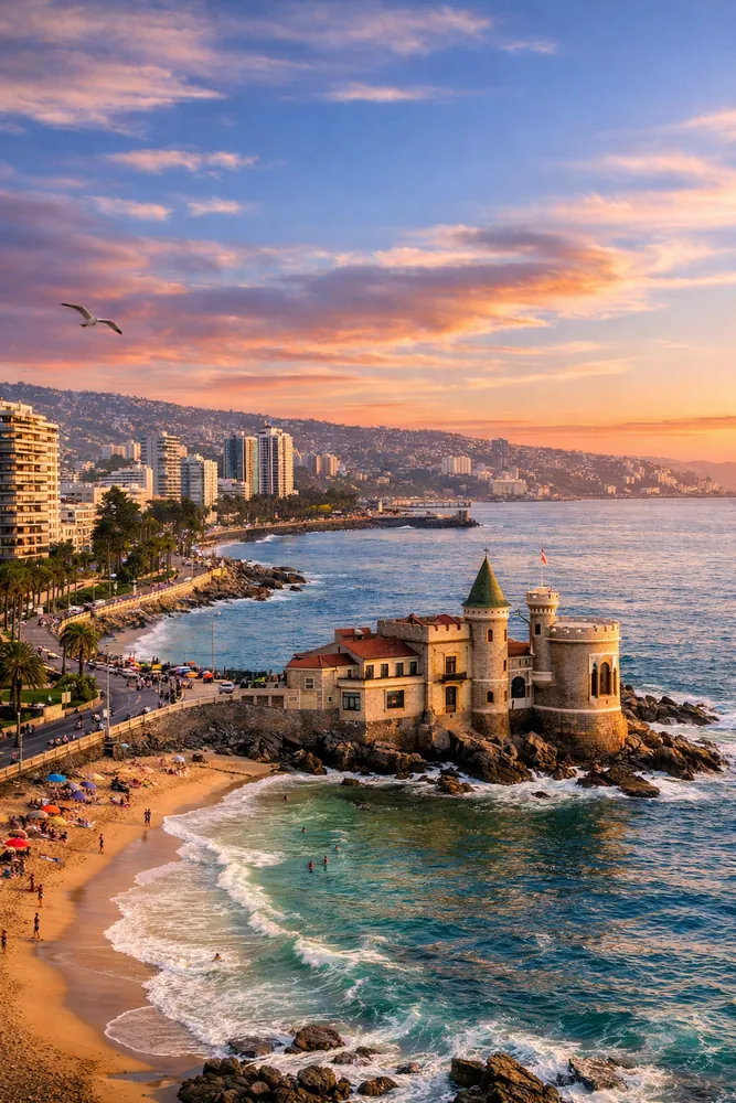 Viña del Mar coastline at sunset — Wulff Castle and the Pacific Ocean